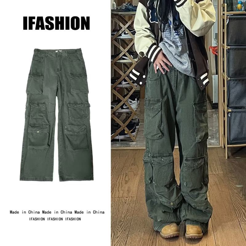 European and American street overalls for men, autumn fashion brand hip-hop multi-pocket casual pants, loose straight leg mopping pants