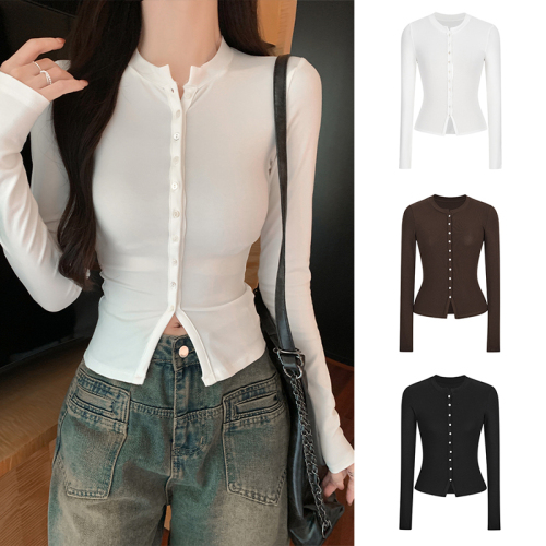 American hot girl slim knitted cardigan long-sleeved women's 2024 early autumn inner top and bottoming shirt