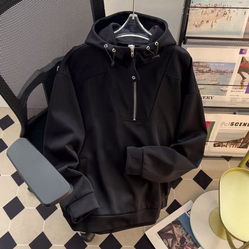 High street sweatshirt men's Korean style trendy half-zip hooded personality autumn and winter new ins jacket