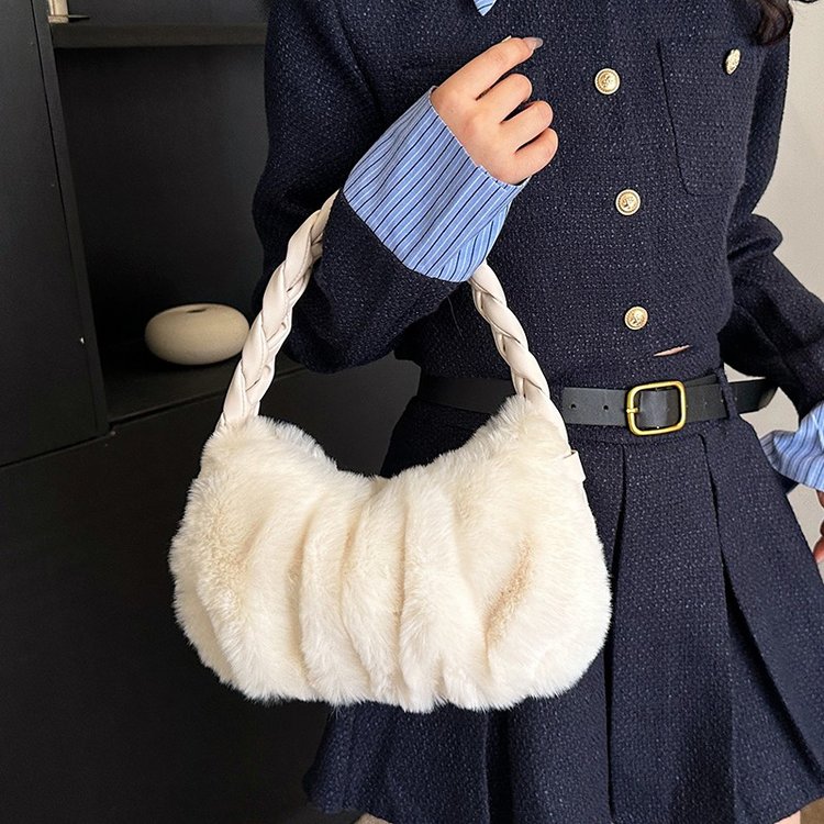 2024 Winter New Simple Plush Shoulder Bag Women’s Braided Underarm Bag Handbag Niche Design Shoulder Bag