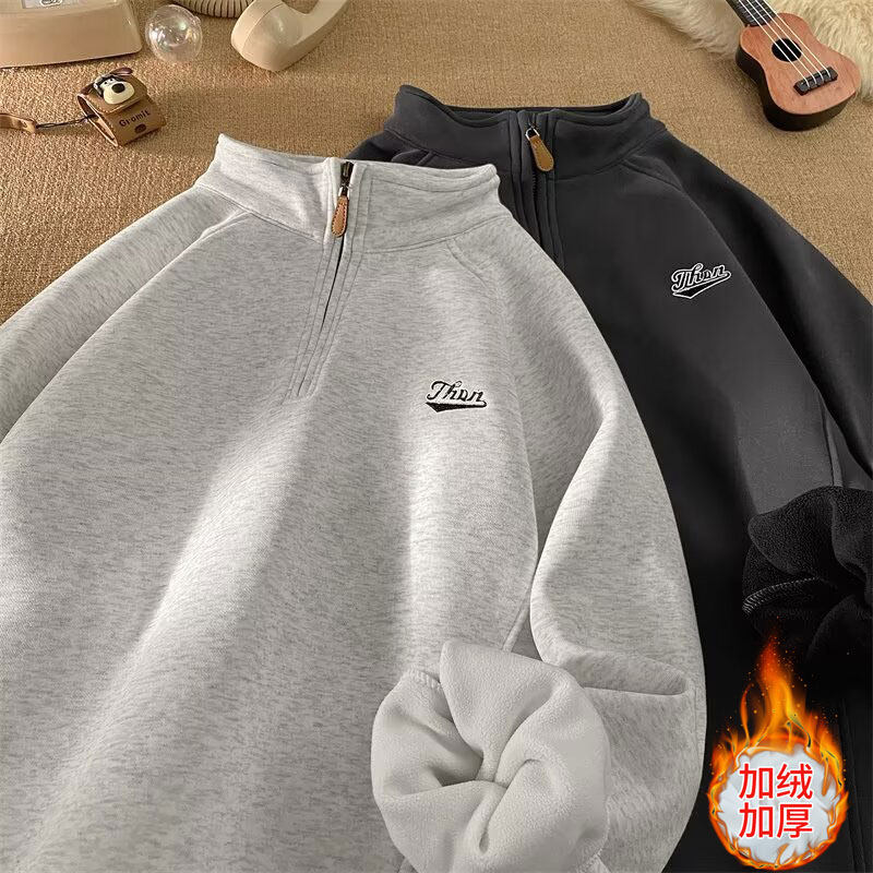 Thick velvet winter men's stand-up sweatshirt zipper letter embroidery loose warm jacket