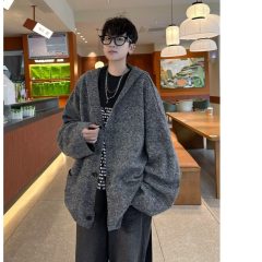 Cardigan sweater men's autumn and winter American casual trendy brand loose lazy style couple hooded knitted jacket