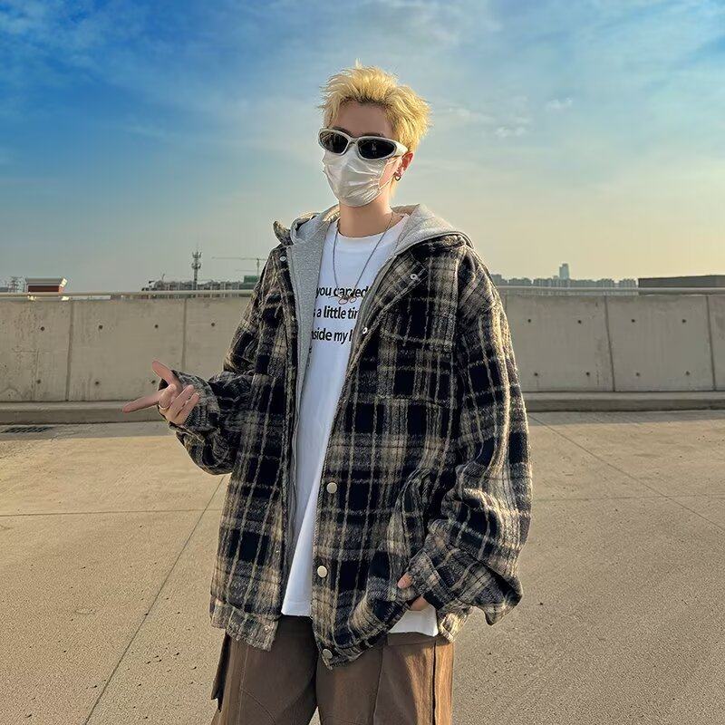 Fake two-piece jacket men's Korean style trendy loose versatile hooded winter ins jacket