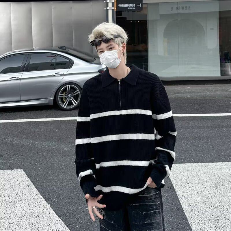 American high street striped lapel sweater men's trendy half-zip design pullover sweater top
