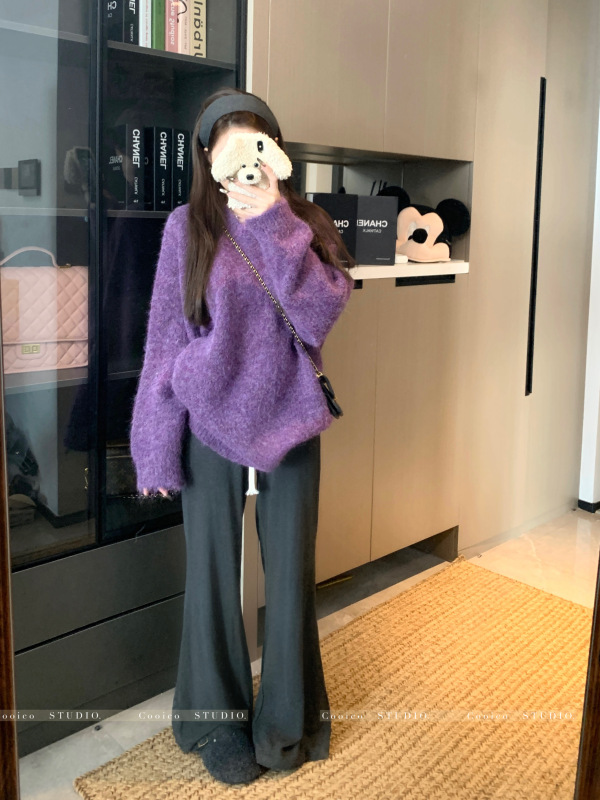 Soft and lazy style thickened solid color round neck pullover knitted sweater