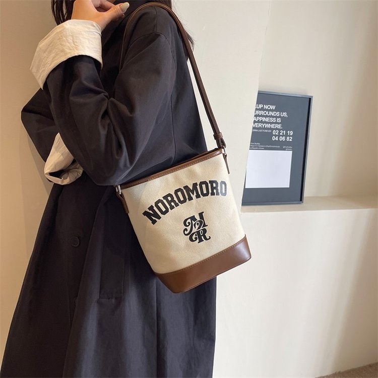 Canvas bucket bag popular Korean large-capacity fashionable simple shoulder bag crossbody handbag for women