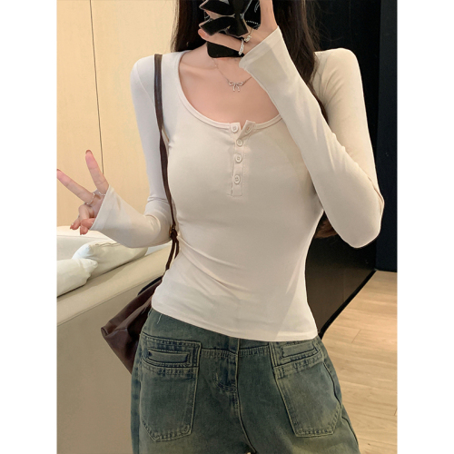 Hot Girl Half Open Collar Button Long Sleeve T-Shirt Women's Autumn Bottoming Shirt Slim Fit Inner Top
