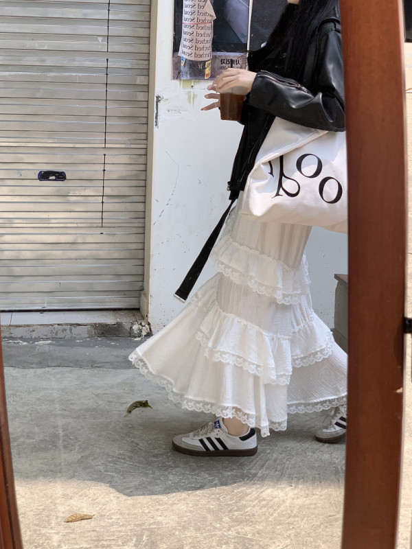 Moonlight Girl long lace patchwork skirt women's white fishtail skirt