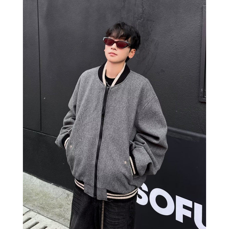 Woolen jacket men's autumn and winter trendy brand high-end short cotton coat loose retro baseball uniform