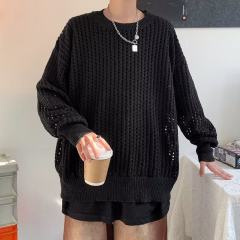 Korean style loose and versatile casual hollow sweater autumn new solid color versatile casual top