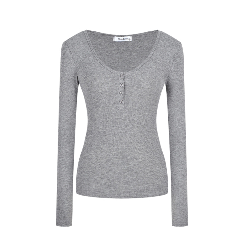 Hot Girl Half Open Collar Button Long Sleeve T-Shirt Women's Autumn Bottoming Shirt Slim Fit Inner Top