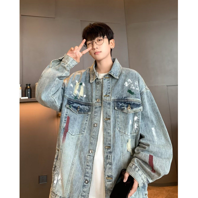 Tie-dye ripped denim jacket for men and women in spring and autumn new loose bf American college style design couple jacket