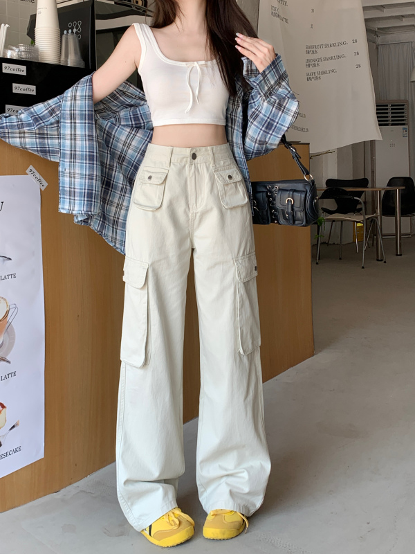 American retro white overalls for women, high-waisted jeans, wide-leg loose straight-leg floor-length pants