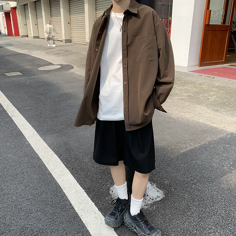 Hong Kong style solid color casual long-sleeved shirt men's trendy retro shirt