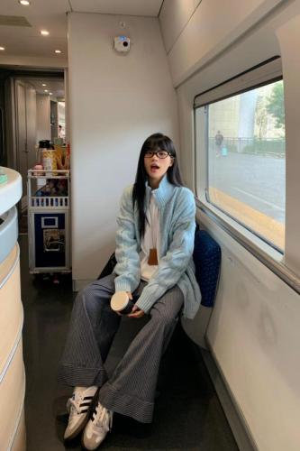 Milk blue stand collar twist sweater coat autumn and winter loose thickened knitted coat for women