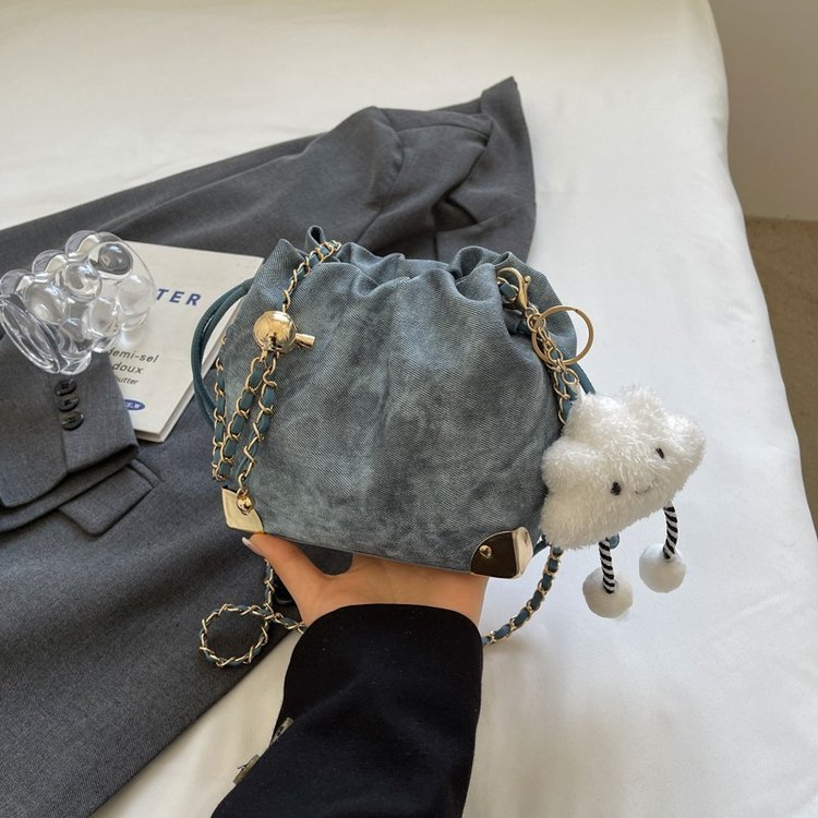 Cross-border denim Korean style niche versatile one-shoulder portable chain crossbody bucket bag bag for women 2024 new style
