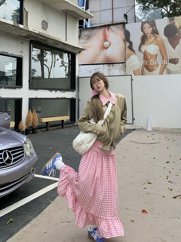 Pink plaid patchwork jacket, coat, long skirt two-piece set