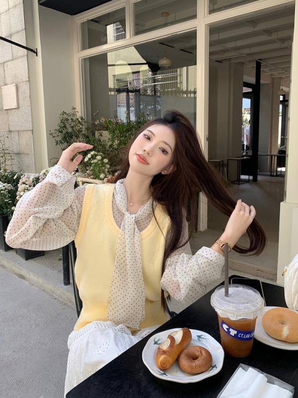 Korean style sweet layered knitted vest + polka dot layered bottoming shirt for women + skirt