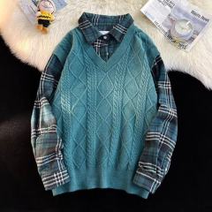 Retro plaid shirt fake two-piece sweater for women autumn and winter lazy style niche design Polo collar top shirt American style