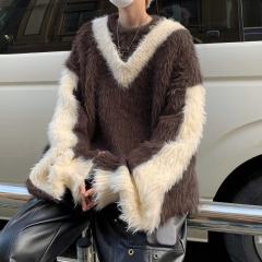 Contrast color stitching seahorse wool sweater men's autumn and winter new high street sweater American jacket