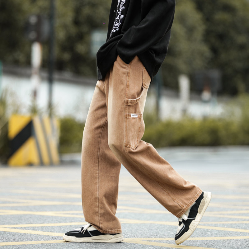 American high street work jeans for men, trendy straight wide leg denim trousers