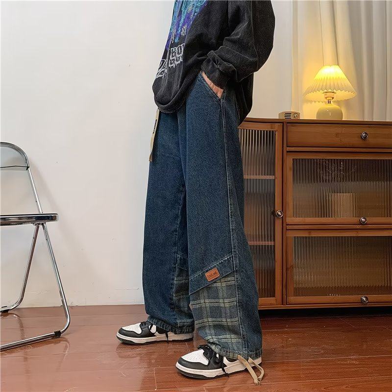 High street autumn and winter men's retro jeans ins trendy patchwork trousers
