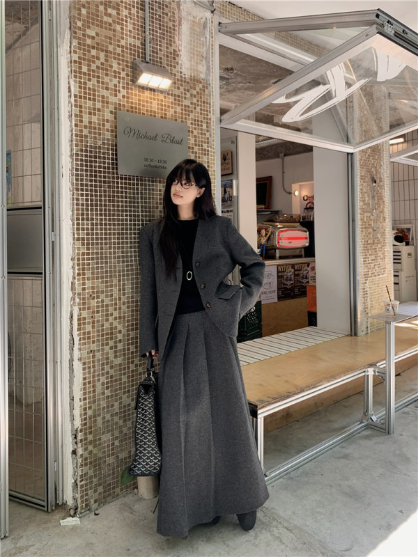 High-end and elegant woolen blazer high-waisted A-line skirt women's two-piece set