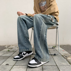 Hong Kong style spring style men's jeans with gradient color three stripes and stripes straight leg loose trousers