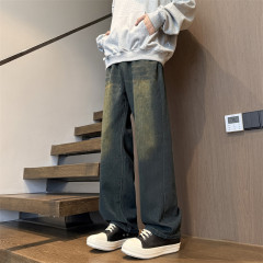 American high street trendy washed distressed straight-leg loose wide-leg jeans