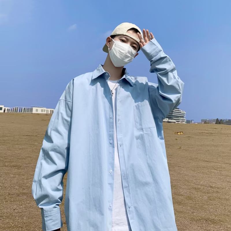 Japanese style small fresh sun protection long-sleeved shirt men's trendy solid color loose and versatile outer wear casual lapel shirt