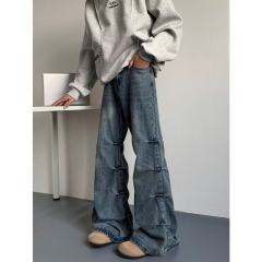 Pleated high street jeans for men and women Korean style trendy straight and versatile winter ins trousers