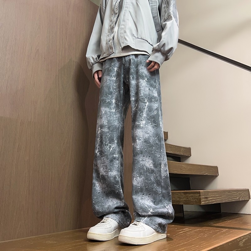 Micro-elastic cleanfit snowflake tie-dye casual pants for men, American high street trendy long pants