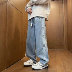Spring and Autumn Straight Jeans Men's Trendy American Loose Casual Washed Design Drawstring Wide Leg Pants