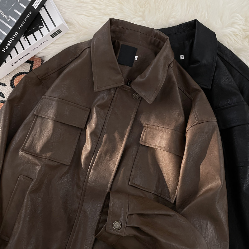 American retro Camera pu leather lapel jacket