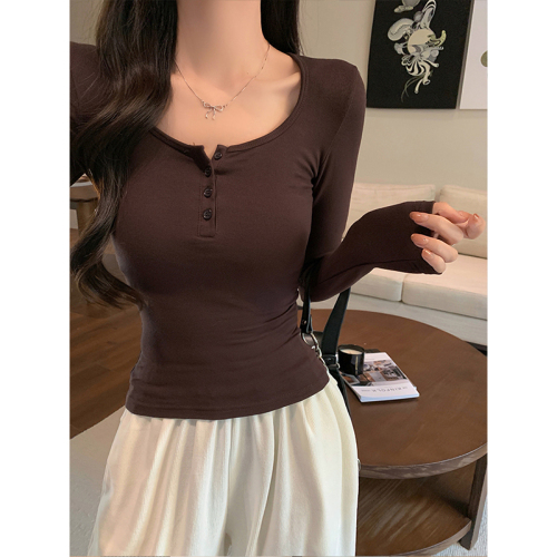 Hot Girl Half Open Collar Button Long Sleeve T-Shirt Women's Autumn Bottoming Shirt Slim Fit Inner Top