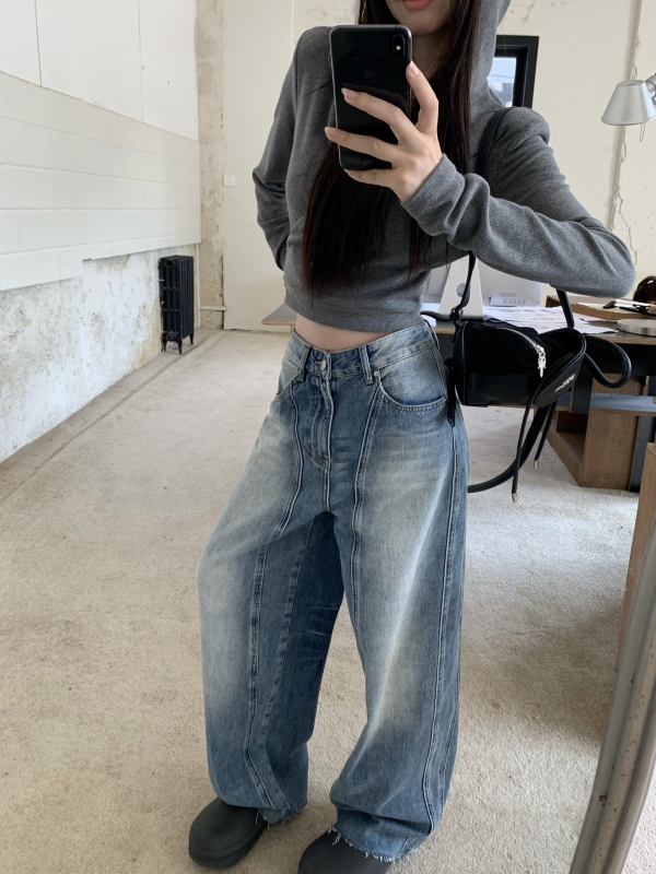 Three-dimensional edge retro washed jeans for women in autumn American wide-leg low-waist straight loose trousers