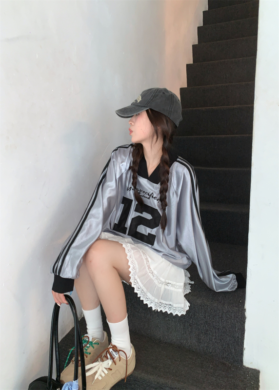 Sports style long-sleeved T-shirt 2024 V-neck raglan sleeves contrasting color loose top