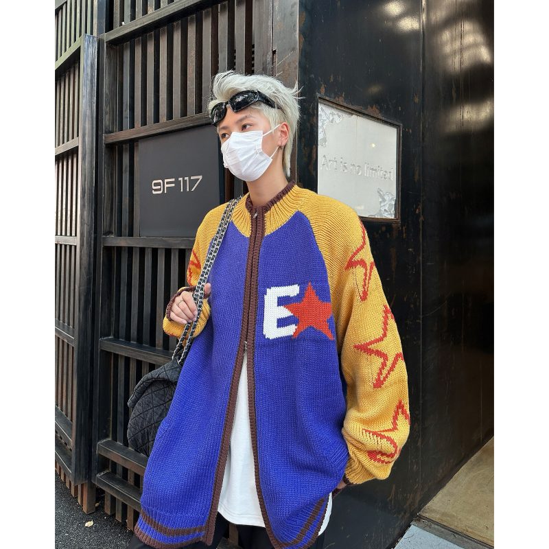 Fashion trend contrast color design autumn knitted cardigan men's loose casual sweater jacket top