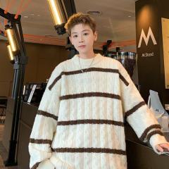 Striped jacquard brushed lazy style pullover round neck sweater for men Japanese trendy striped sweater handsome