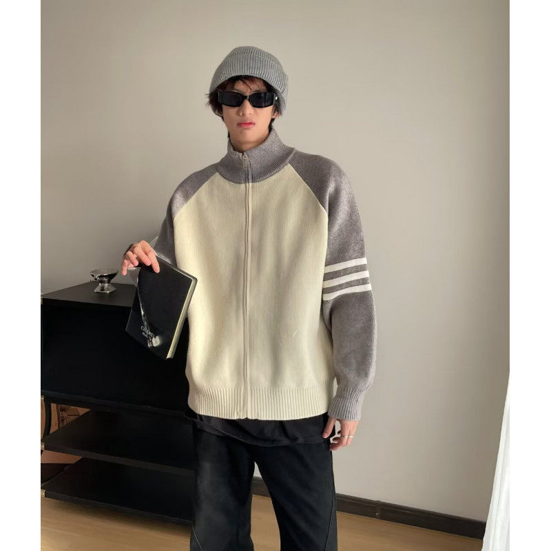 Cardigan sweater men's spring and autumn brand stand collar contrasting color knitted jacket men's casual woolen clothes winter clothing