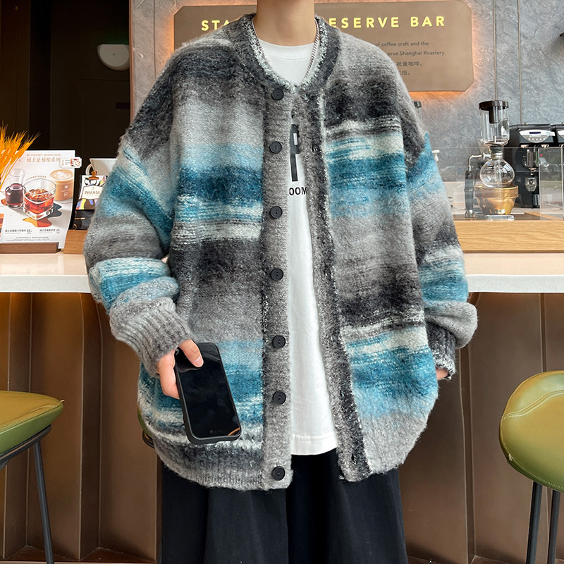 High-quality autumn men's cardigan sweater striped color-blocking sweater single-breasted gradient tie-dye jacket