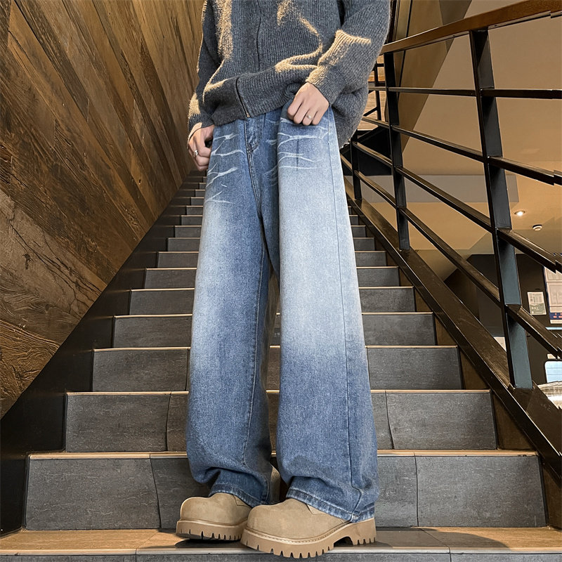 Autumn and winter heavy wash Japanese retro loose straight trendy men's jeans