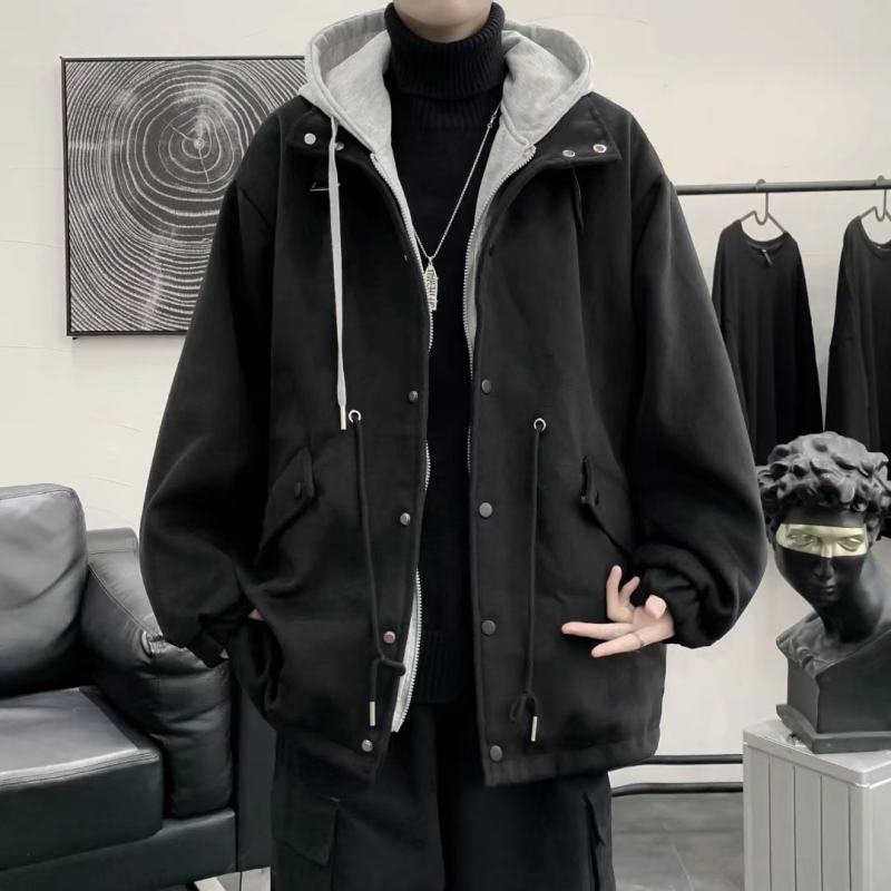 Hong Kong style fake two-piece coat for men spring and autumn Korean style trendy teenagers loose hooded woolen coat
