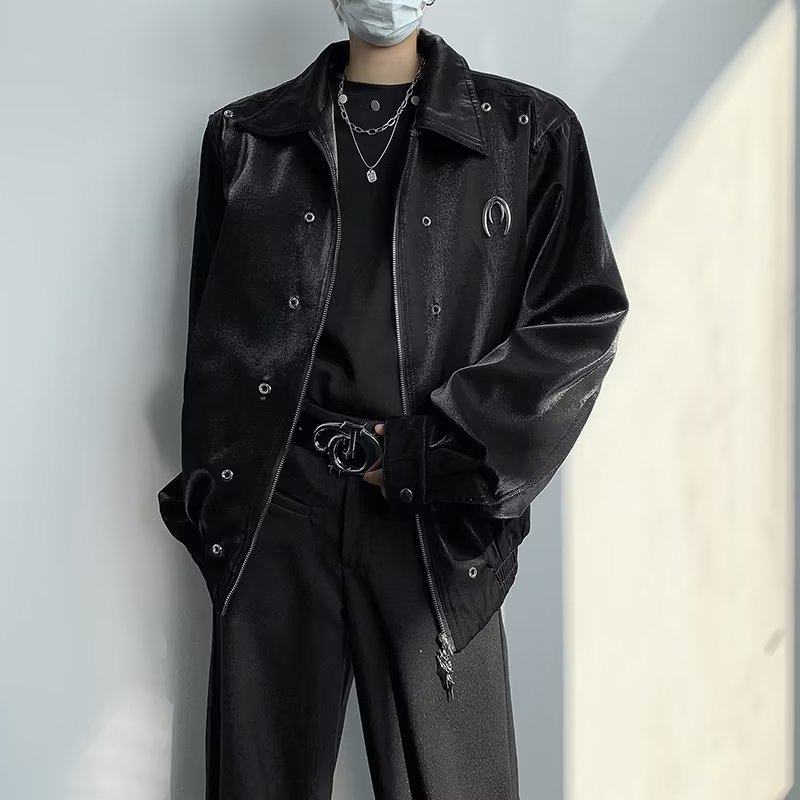 Niche metal design high street style shoulder padded jacket men and women short lapel handsome loose jacket