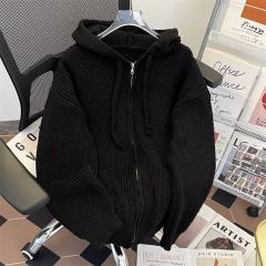 Autumn men's hooded sweater zipper drawstring loose knitted sweater casual jacket