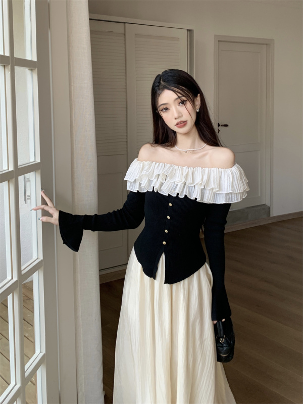 French ruffle short one-line collar long-sleeved knitted cardigan + high-waisted mesh skirt
