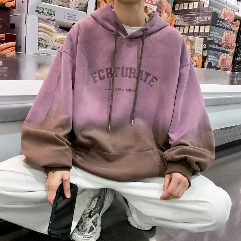 Tie-dye gradient sweatshirt for men, trendy American retro hooded oversize jacket for teenagers