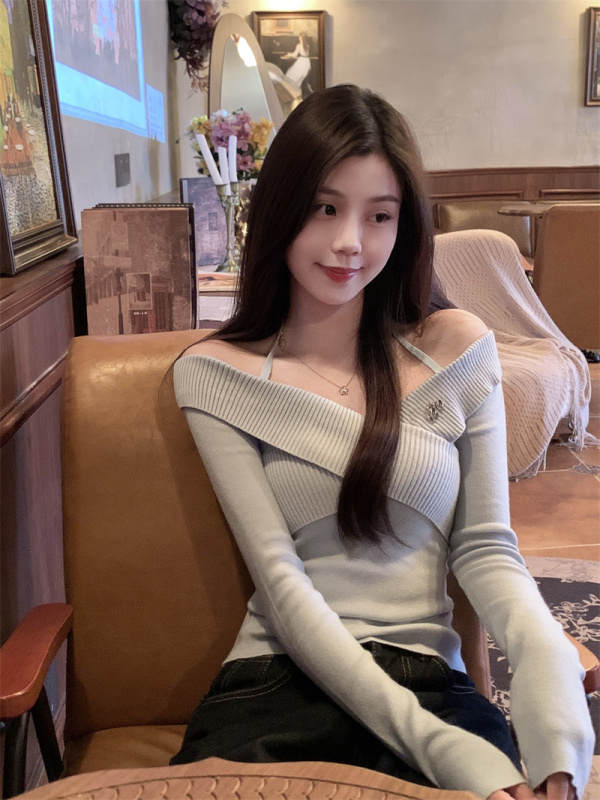 Pure desire blue design off-shoulder halter neck sweater top
