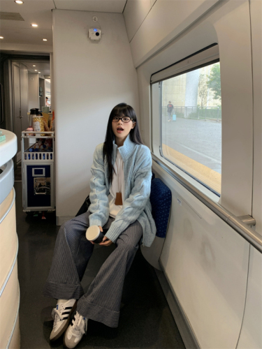 Milk blue stand collar twist sweater coat autumn and winter loose thickened knitted coat for women