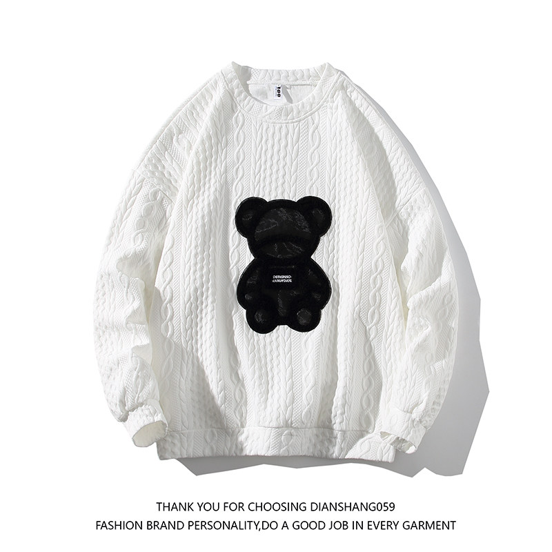 Trendy brand bear round neck sweatshirt men's Japanese style loose oversize pullover top Hong Kong style retro all-match bottoming shirt